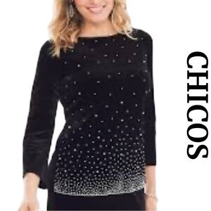 Chico’s Black Velvet Travelers Embellished Top Size 16